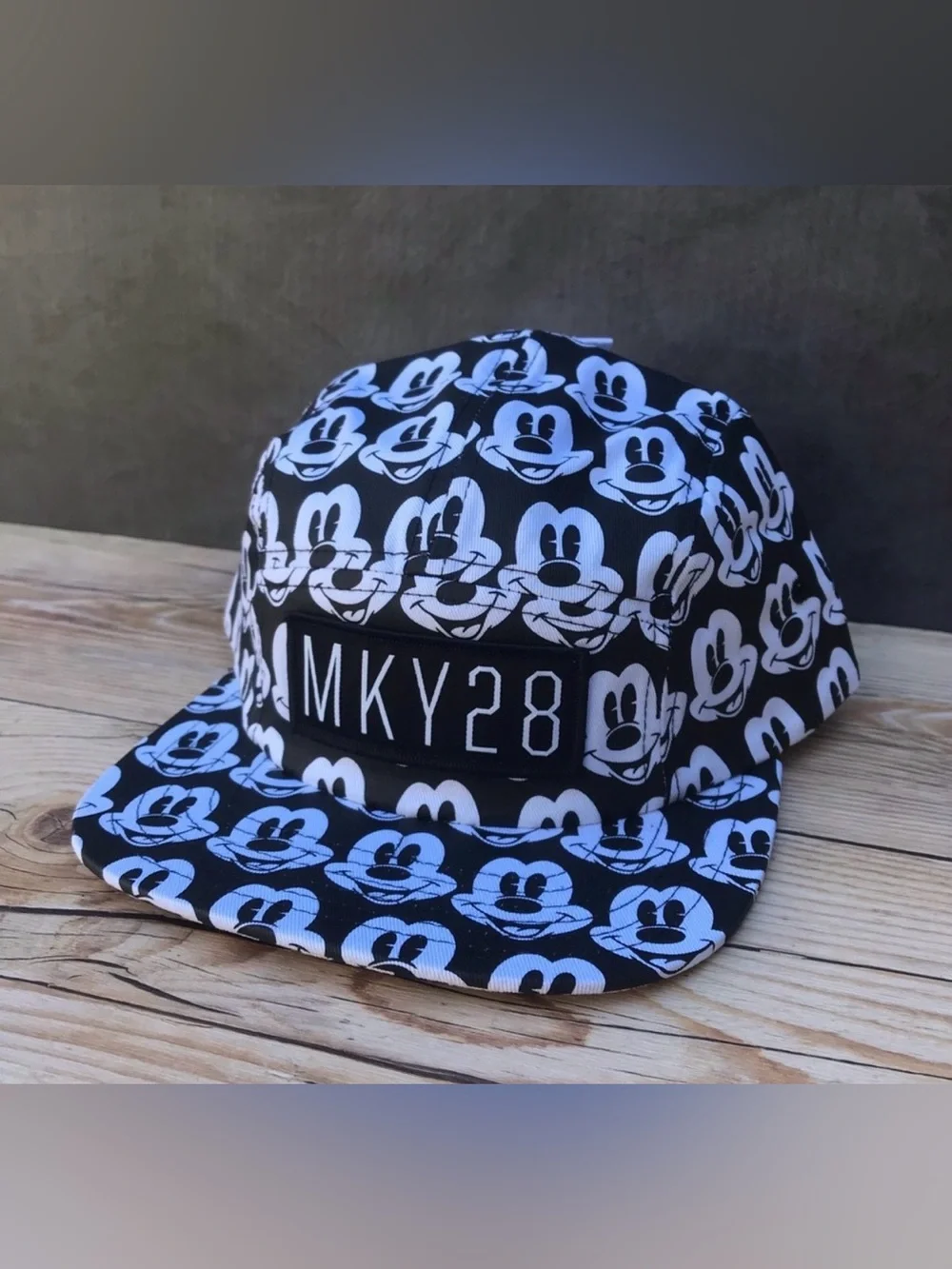 MKY28 Mickey Mouse Black White Allover Print 5-Panel Snapback Hat Disney
